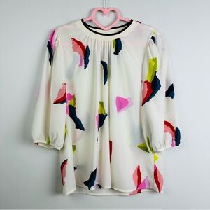THML Cream and Pink Pleated Bib Collar Long Sleeve Blouse Size Medium